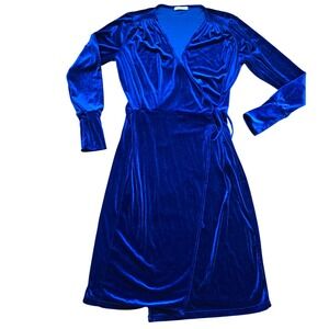 Zara Trafaluc Royal Electric Blue Velvet Long Sleeve Wrap Midi Dress Small Med
